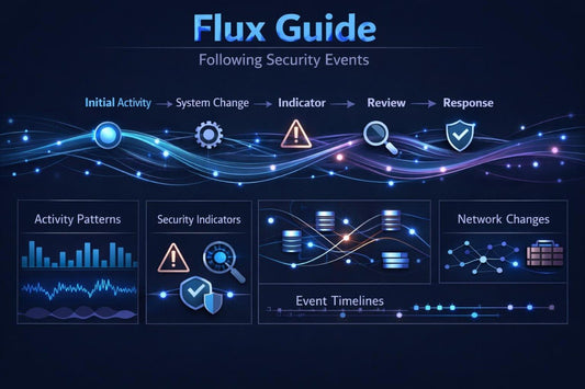 A digital infographic titled 'Flux Guide' on a dark navy background, outlining a security event response workflow with icons and panels for activity patterns, security indicators, network changes, and event timelines.