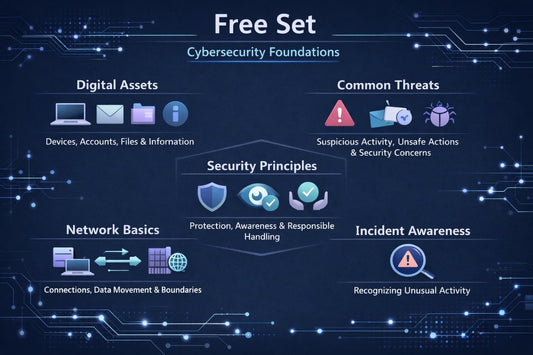 An educational infographic titled 'Free Set Cybersecurity Foundations' on a dark blue circuit-board background. It outlines key learning modules: 'Digital Assets', 'Common Threats', 'Network Basics', 'Security Principles', and 'Incident Awareness', each with relevant icons and brief descriptions.