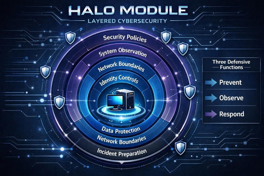A digital infographic titled 'HALO MODULE LAYERED CYBERSECURITY' showing a circular layered security diagram with shields, a computer icon, and a side panel listing Prevent, Observe, and Respond functions.