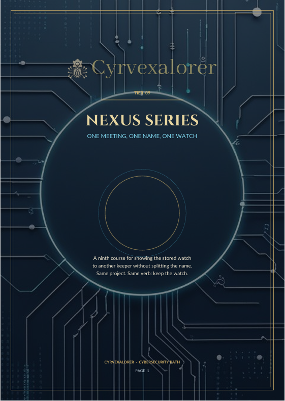 A book cover for 'Nexus Series: One Meeting, One Name, One Watch' by Cyrvexalorer, featuring a dark blue background with circuit board line art and a large circular graphic in the center.