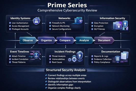 A dark navy digital infographic titled 'Prime Series Comprehensive Cybersecurity Review' showing a workflow with boxes for Identity Systems, Networks, Information Security, Event Timelines, Incident Findings, and Documentation, connected by arrows labeled Observe, Organize, Compare, Analyze, and Document. A section at the bottom reads 'Structured Security Analysis' with bullet points.
