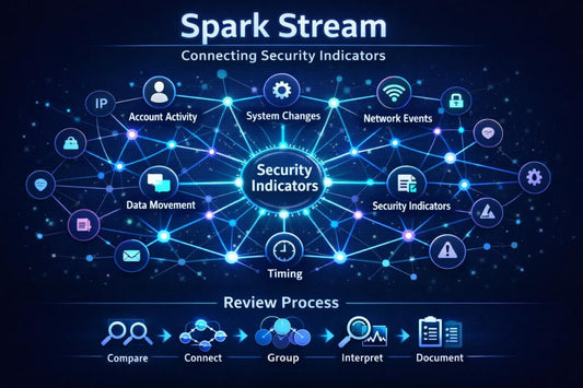 A digital infographic titled 'Spark Stream' on a dark blue background, showing connected security indicator icons such as account activity, data movement, network events, and timing, with a review process illustrated at the bottom.