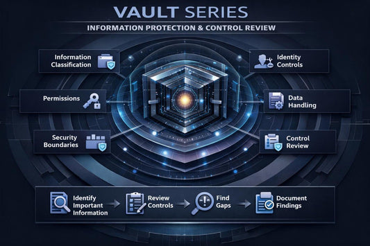 A digital infographic titled 'VAULT SERIES INFORMATION PROTECTION & CONTROL REVIEW' on a dark blue background. It features a central glowing hexagonal vault icon surrounded by labeled boxes for Information Classification, Permissions, Security Boundaries, Identity Controls, Data Handling, Control Review, Identify Important Information, Review Controls, Find Gaps, and Document Findings.