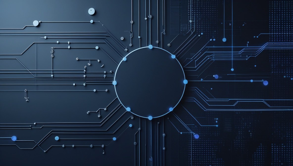 Abstract digital artwork of a dark blue circuit board with glowing light blue lines, nodes, and a large empty circular area in the center.
