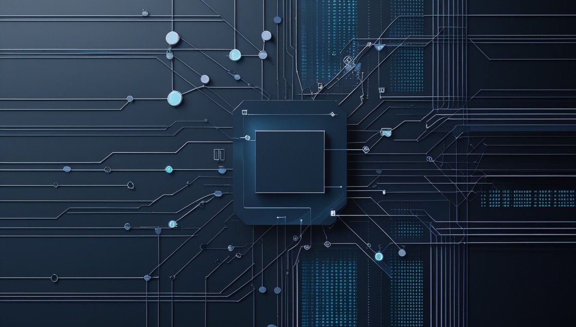 A dark blue and black abstract background with circuit board lines, glowing blue dots, and a central square chip graphic, resembling a digital technology or processor illustration.
