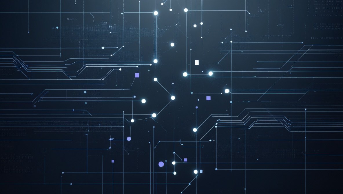 Abstract digital background with glowing blue circuit lines, nodes, and dots on a dark navy field.
