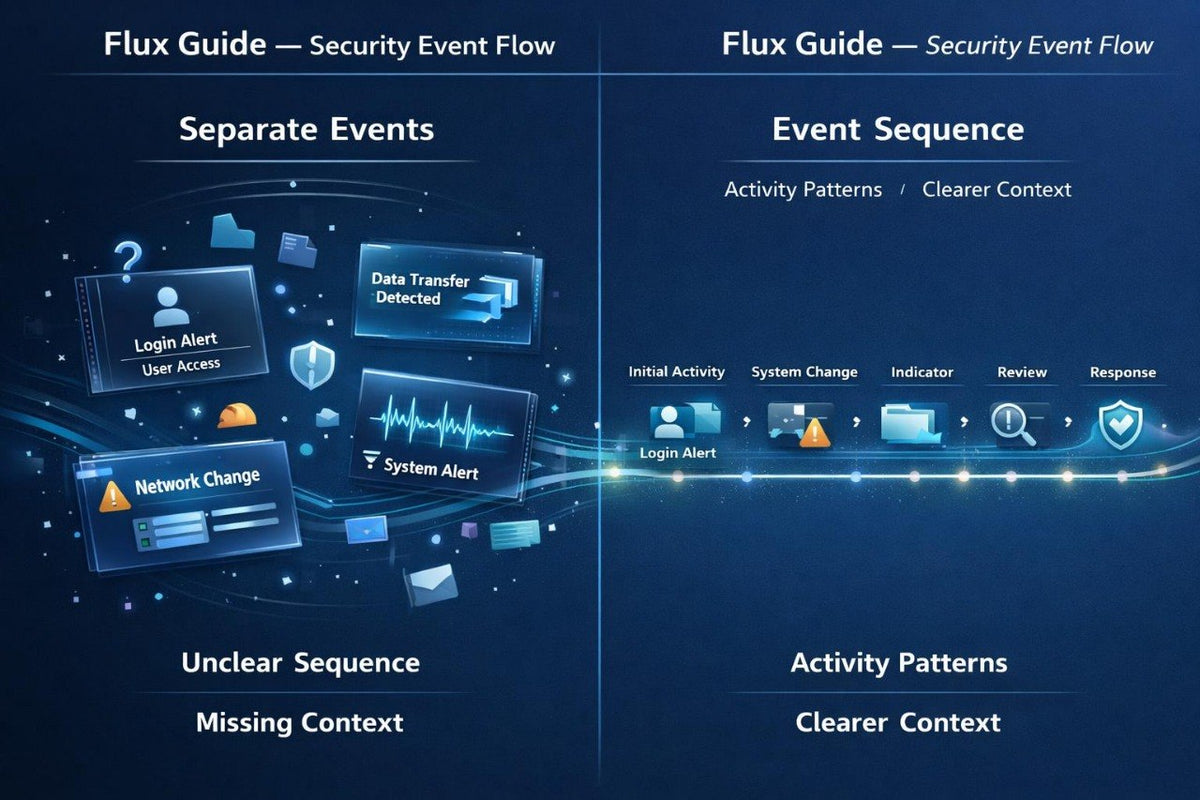 A digital infographic titled 'Flux Guide — Security Event Flow' comparing 'Separate Events' on the left with 'Event Sequence' on the right, using dark blue panels, glowing interface cards, and white text.