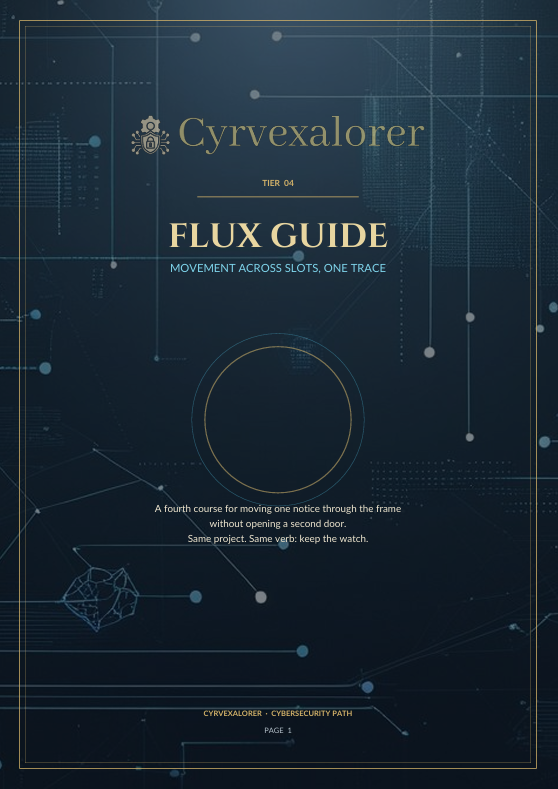 A dark blue cover design for a cybersecurity guide titled 'Flux Guide' by Cyrvexalorer, featuring gold and white text, abstract network line graphics, and a subtle geometric pattern.