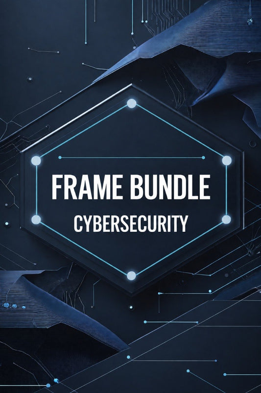 Digital cover graphic for a 'Frame Bundle Cybersecurity' product, featuring white text inside a glowing hexagonal frame on a dark blue abstract background with circuit board patterns.