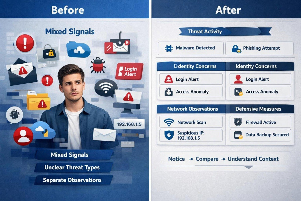 A side-by-side comparison graphic labeled 'Before' and 'After' with a blue background, showing a man in a blue shirt surrounded by security and threat icons on the left, and a checklist of threat activity and identity concerns on the right.