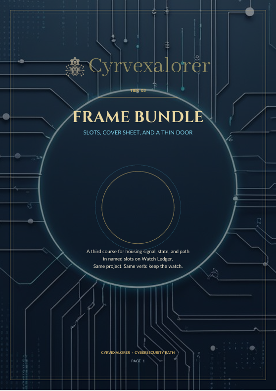 A dark blue book cover or booklet cover with circuit-board line art and the title 'FRAME BUNDLE' in large gold text. The cover also shows the brand/title 'Cyrvexalorer' and smaller subtitle text about slots, cover sheet, and a thin door.
