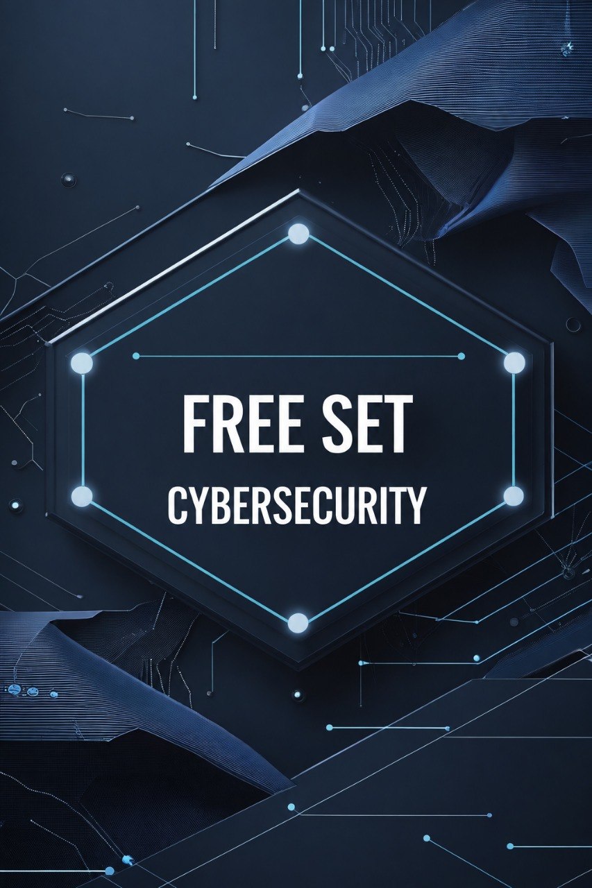 Digital promotional graphic with the words 'FREE SET CYBERSECURITY' centered inside a glowing hexagonal frame on a dark blue abstract tech background with circuit-like lines.