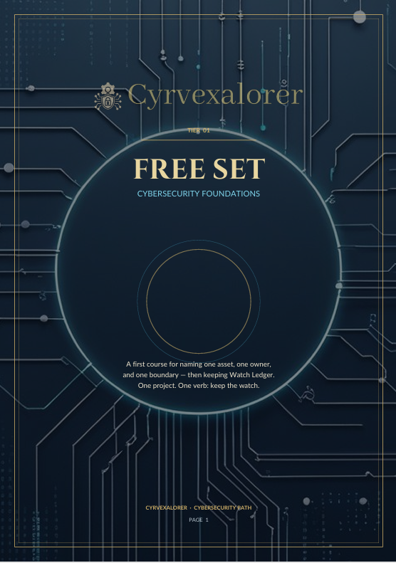 A book cover for 'FREE SET: Cybersecurity Foundations' by Cyrvexalorer, featuring a dark navy blue background with circuit board line art and a large circular graphic in the center.