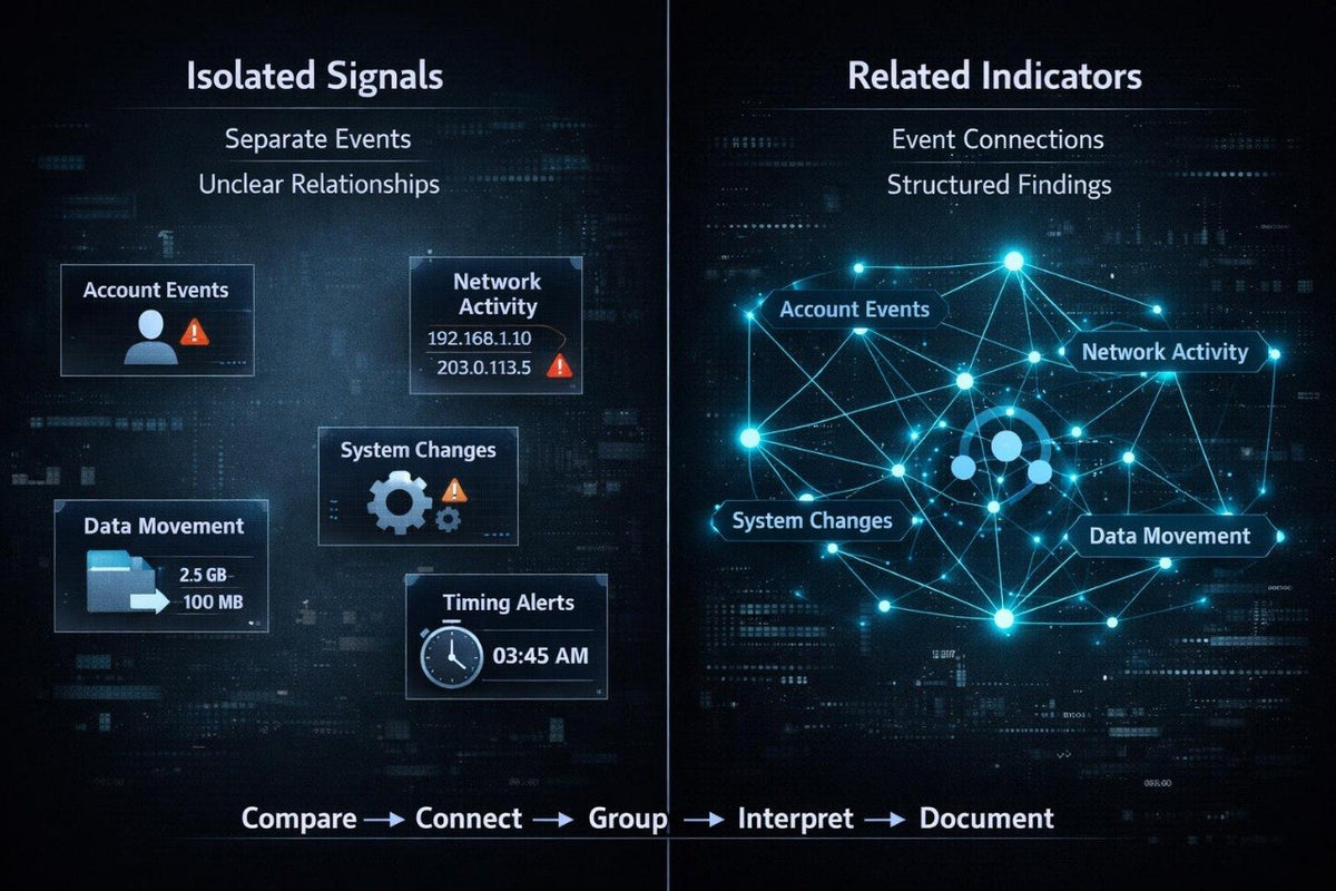 A dark digital infographic split into two columns. The left panel, titled 'Isolated Signals,' shows separate event boxes like Account Events, Network Activity, Data Movement, and System Changes with warning icons.