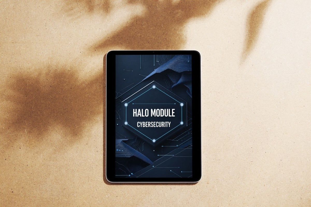 A tablet device lying on a tan textured surface, displaying a dark blue cybersecurity-themed screen with the text 'HALO MODULE' and 'CYBERSECURITY'.