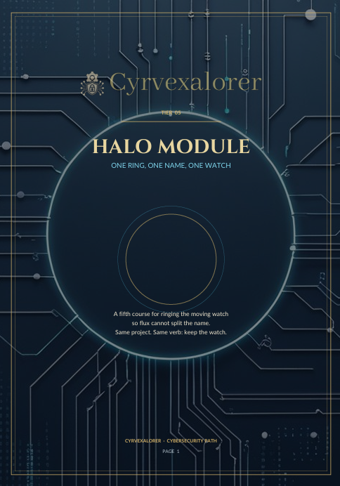 A square cover-style graphic for a digital or printed module titled "HALO MODULE" by Cyrvexalorer. The design shows a dark navy background with circuit-board line art and a large circular frame around the title text.