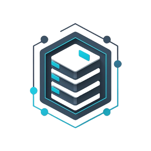 A digital vector icon depicting a server stack inside a hexagonal frame, rendered in shades of dark blue, gray, and bright cyan on a solid white background.