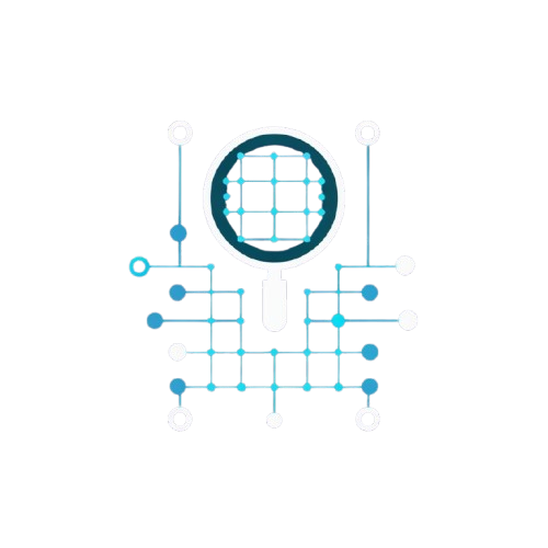A digital graphic icon of a magnifying glass over a grid, rendered in dark teal and light blue on a solid white background.