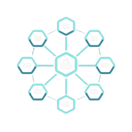 A digital vector graphic showing a central hexagon with a padlock icon, connected via dotted and solid lines to eight surrounding hexagons, all in shades of light blue and teal on a solid white background.