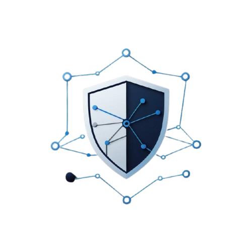 A digital graphic of a shield icon split vertically into white and dark navy blue halves, surrounded by light blue network nodes and lines on a solid white background.