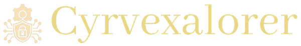 A gold-colored logo featuring a stylized gear and shield icon on the left, next to the text 'Cyrvexalorer' in a serif font, all on a solid white background.