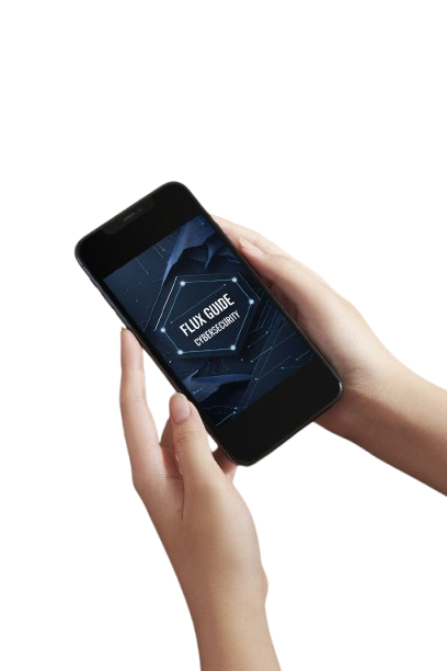 A person's hands holding a black smartphone displaying a dark blue digital flight guide screen against a solid white background.