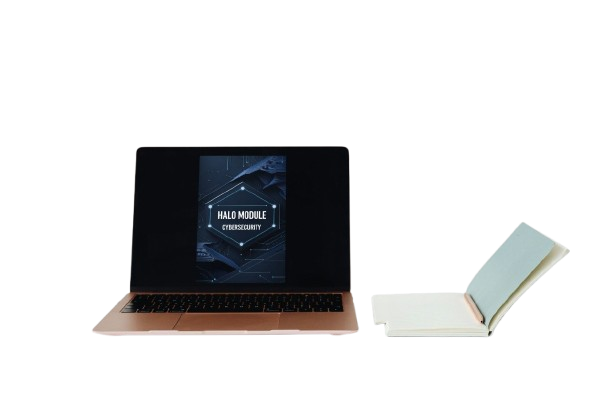 A laptop with a black screen displaying 'HALO MODULE (TRANSCENDENCY)' and a rose gold aluminum body, shown next to a white notebook with a light blue-green cover on a white background.