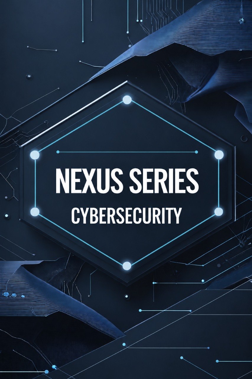 A digital cover graphic for 'Nexus Series Cybersecurity' featuring white text inside a glowing hexagonal frame, set against a dark blue abstract background with circuit board lines.