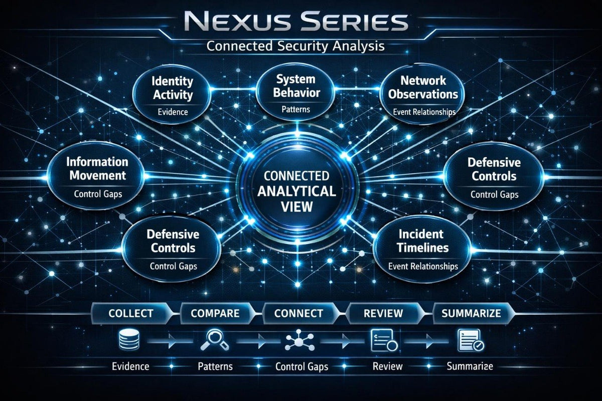 A digital infographic titled 'Nexus Series Connected Security Analysis' on a dark blue, starry network background. The central hub reads 'Connected Analytical View' surrounded by circular labels such as 'Identity Activity Evidence,' 'System Behavior Patterns,' 'Network Observations Event Relationships,' 'Defensive Controls Control Gaps,' 'Information Movement Control Gaps,' and 'Incident Timelines Event Relationships.