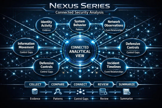 A digital infographic titled 'Nexus Series Connected Security Analysis' on a dark blue, starry network background. The central hub reads 'Connected Analytical View' surrounded by circular labels such as 'Identity Activity Evidence,' 'System Behavior Patterns,' 'Network Observations Event Relationships,' 'Defensive Controls Control Gaps,' 'Information Movement Control Gaps,' and 'Incident Timelines Event Relationships.