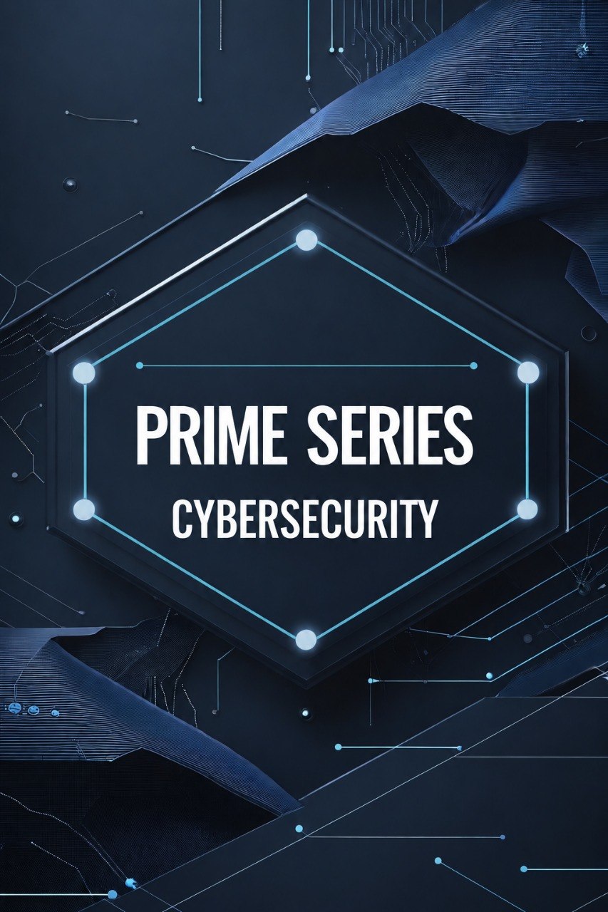 Digital cover art for 'Prime Series Cybersecurity' featuring white text inside a glowing hexagonal frame, set against a dark blue abstract background with circuit board lines.