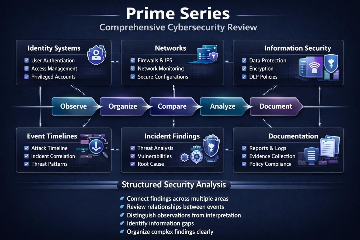 A dark navy digital infographic titled 'Prime Series Comprehensive Cybersecurity Review' showing a workflow with boxes for Identity Systems, Networks, Information Security, Event Timelines, Incident Findings, and Documentation, connected by arrows labeled Observe, Organize, Compare, Analyze, and Document. A section at the bottom reads 'Structured Security Analysis' with bullet points.