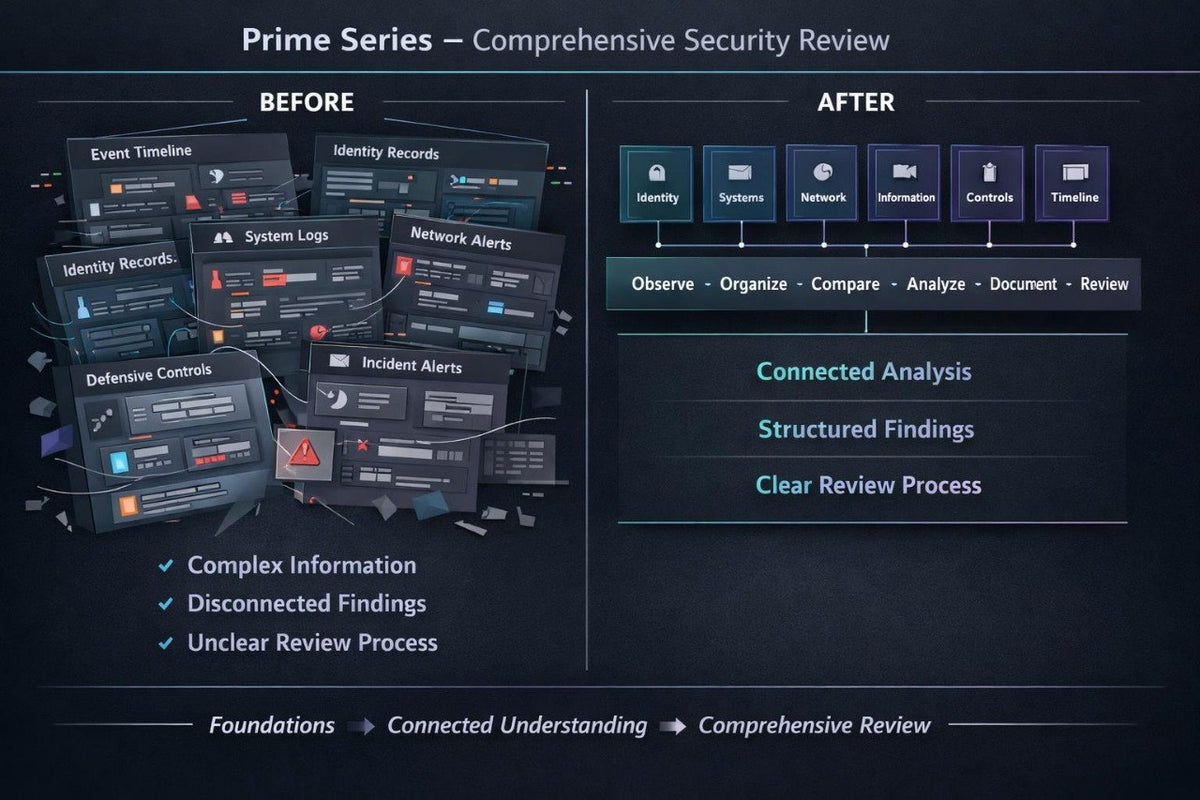 A dark promotional graphic titled 'Prime Series – Comprehensive Security Review' comparing a 'BEFORE' state with an 'AFTER' state. The left side shows multiple overlapping security dashboard screens with labels like event timeline, identity records, system logs, network alerts, and defensive controls, with text noting complex information, disconnected findings, and unclear review process.