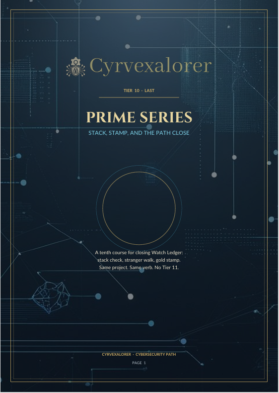 A dark navy book cover or booklet front titled 'Cyrvexalorer' with the subtitle 'Prime Series' and additional course text, shown on a clean dark background with subtle geometric line art.