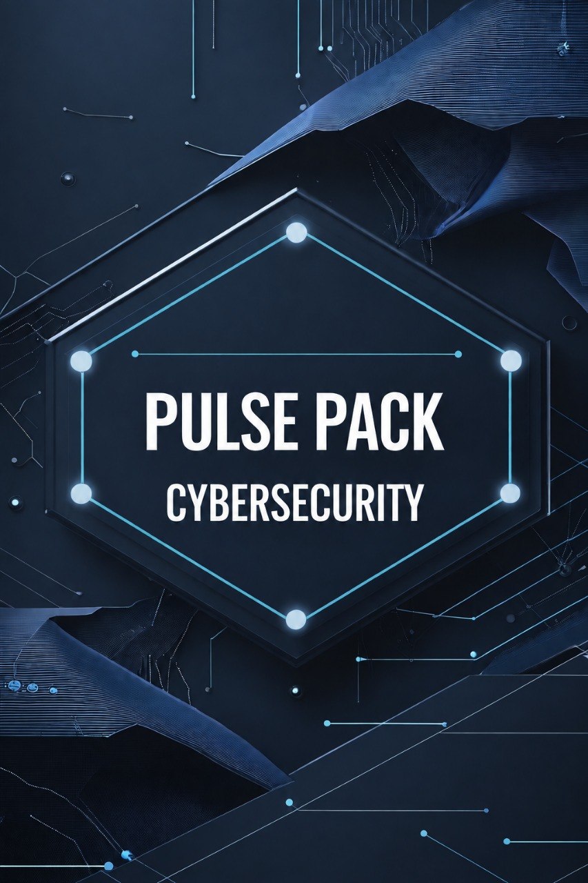 Digital cover graphic for 'PULSE PACK CYBERSECURITY' featuring white text inside a glowing hexagonal frame on a dark blue abstract tech background with circuit-like lines.