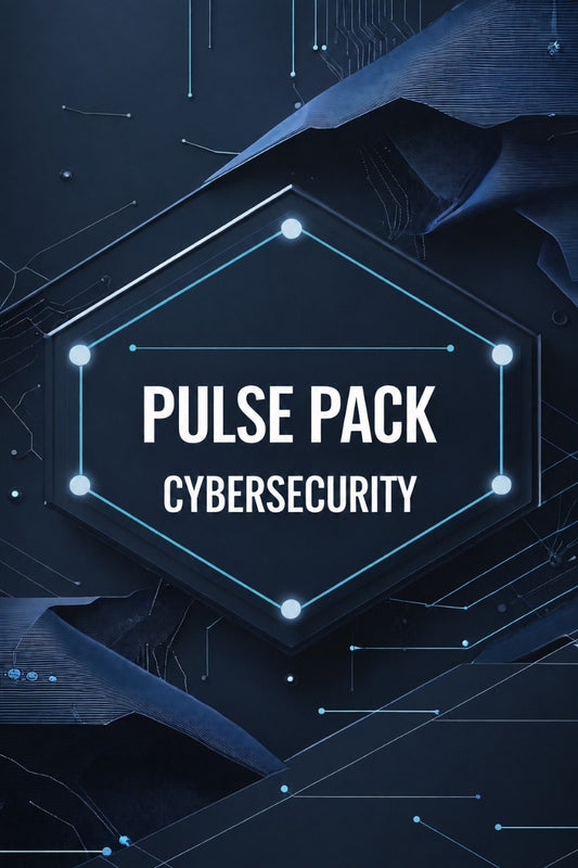Digital cover graphic for 'PULSE PACK CYBERSECURITY' featuring white text inside a glowing hexagonal frame on a dark blue abstract tech background with circuit-like lines.
