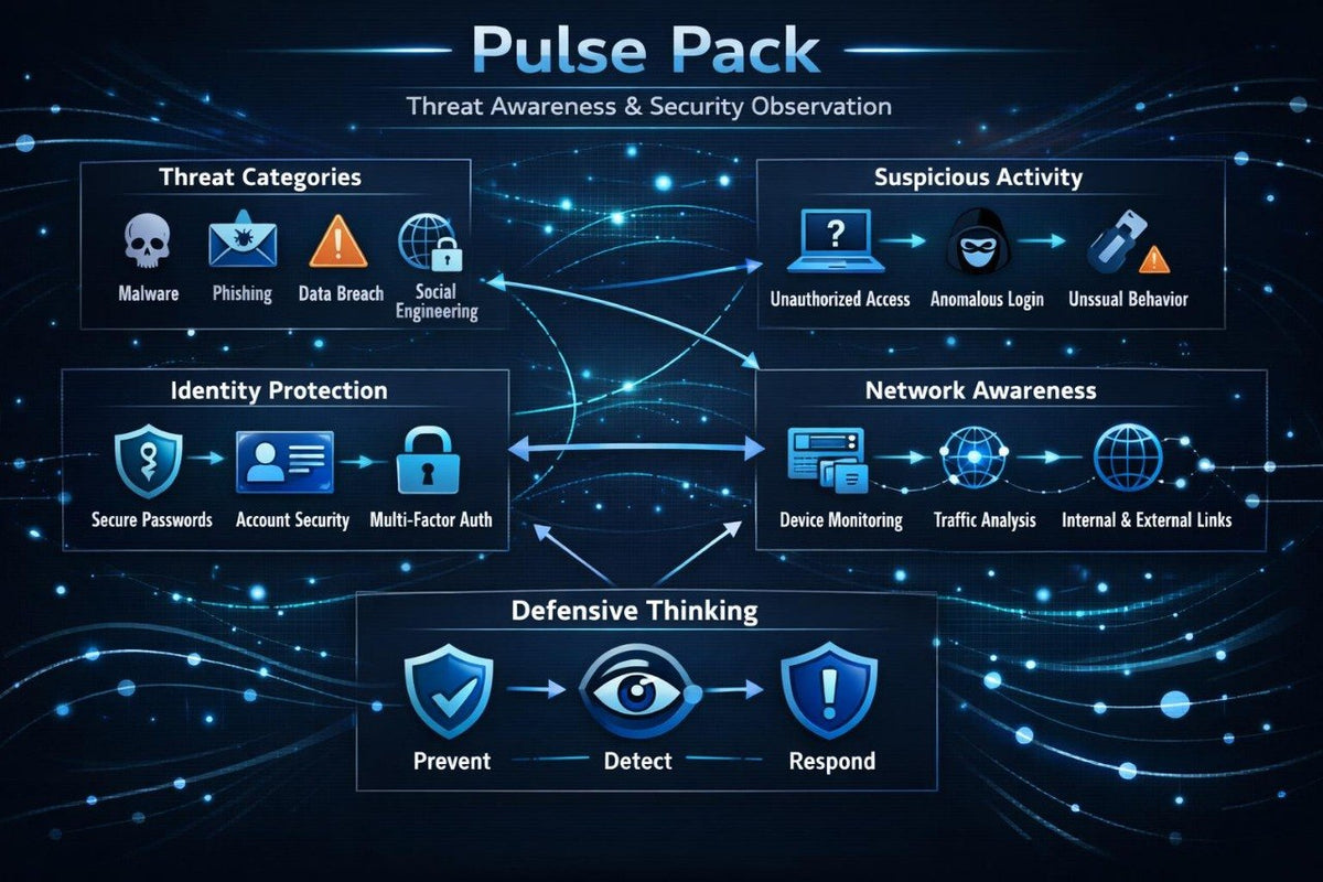 A digital infographic titled 'Pulse Pack' on a dark blue background, outlining cybersecurity concepts including Threat Categories, Suspicious Activity, Identity Protection, Network Awareness, and Defensive Thinking with icons and connecting arrows.