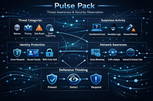 A digital infographic titled 'Pulse Pack' on a dark blue background, outlining cybersecurity concepts including Threat Categories, Suspicious Activity, Identity Protection, Network Awareness, and Defensive Thinking with icons and connecting arrows.