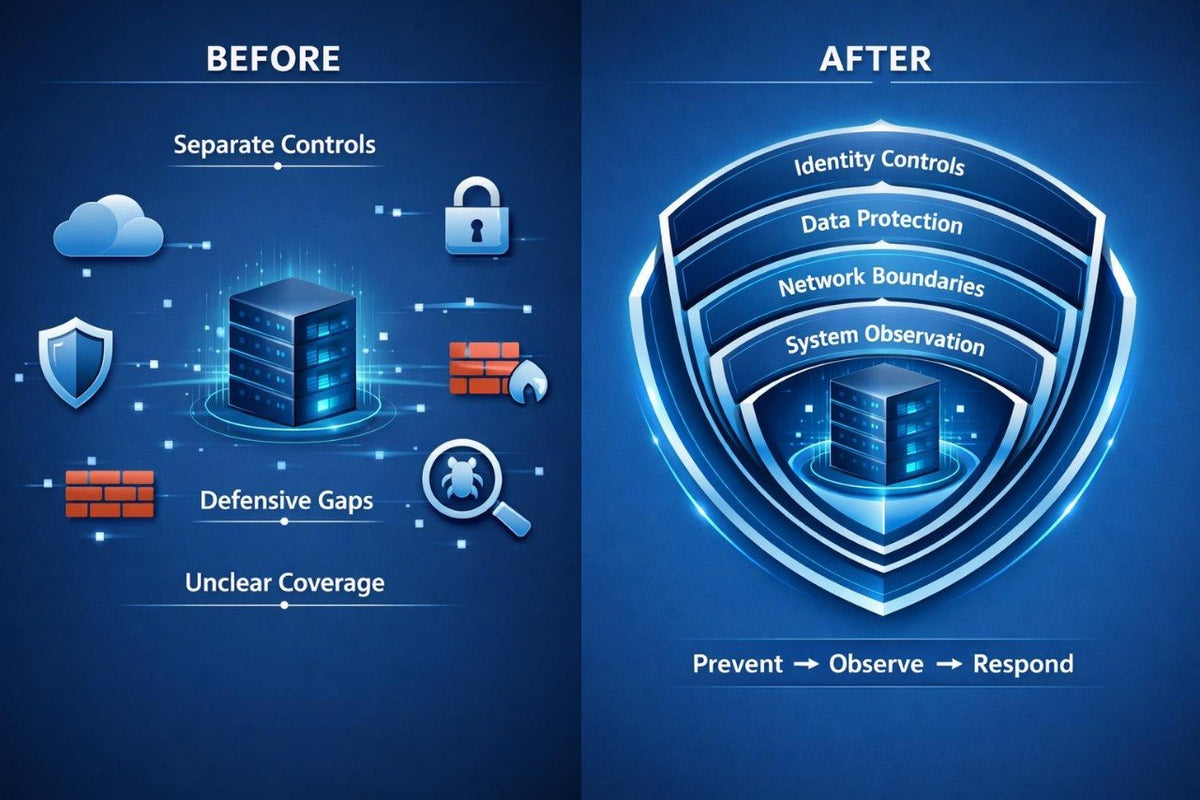 A blue digital infographic comparing a before-and-after security posture. The left side, labeled BEFORE, shows scattered icons and text like separate controls, defensive gaps, and unclear coverage around a server graphic.