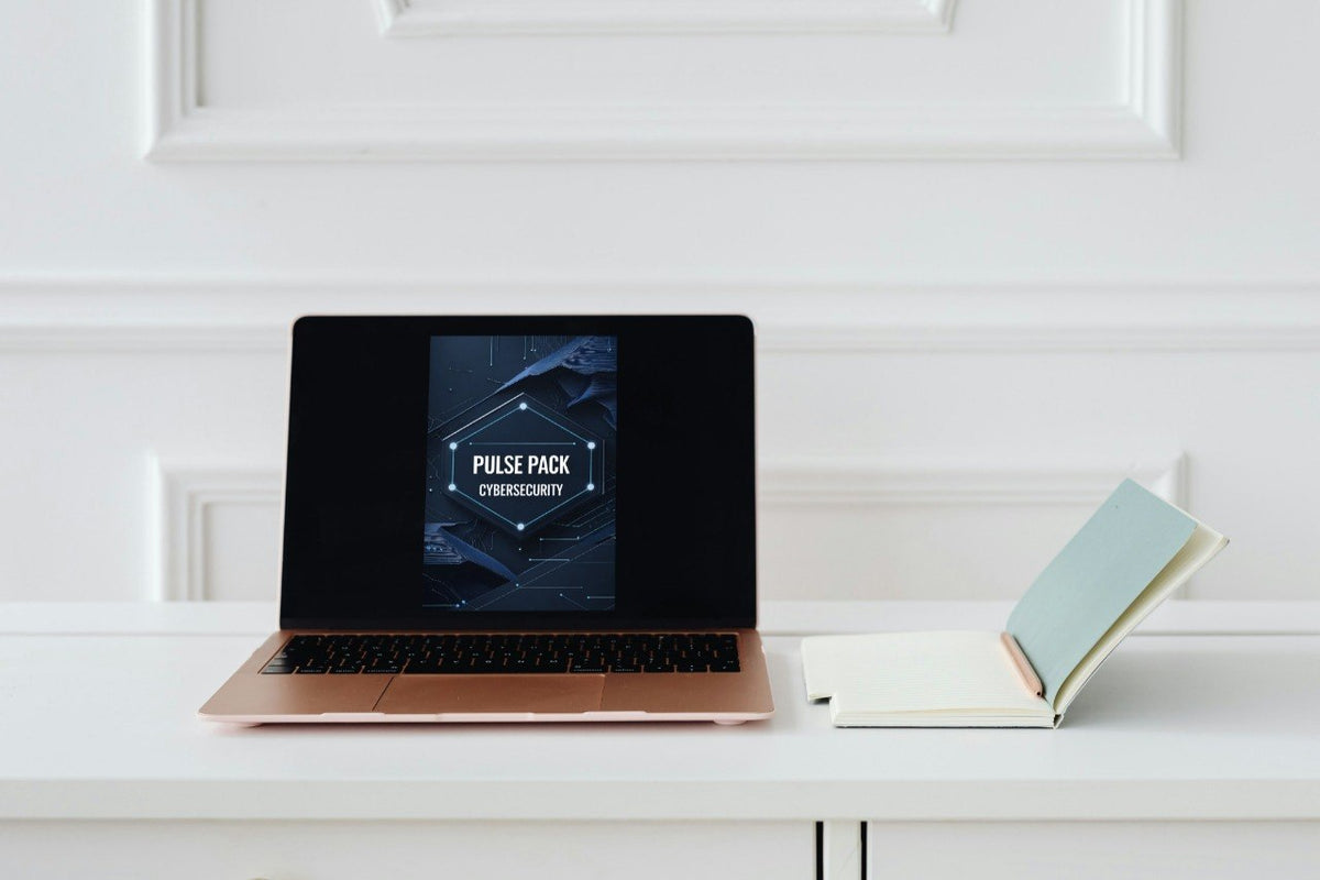 A rose gold laptop sits open on a white desk, displaying a digital presentation slide titled 'PULSE PACK CYBERSECURITY'. To the right of the laptop is an open notebook with a light blue cover.