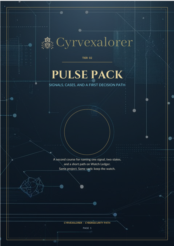 A dark navy cover design for a digital product titled 'Cyrvexalorer Tier 12 Pulse Pack: Signals, Cases, and a First Decision Path'. The cover features a futuristic, technical aesthetic with gold and light blue text, geometric line diagrams, and a central circular graphic.