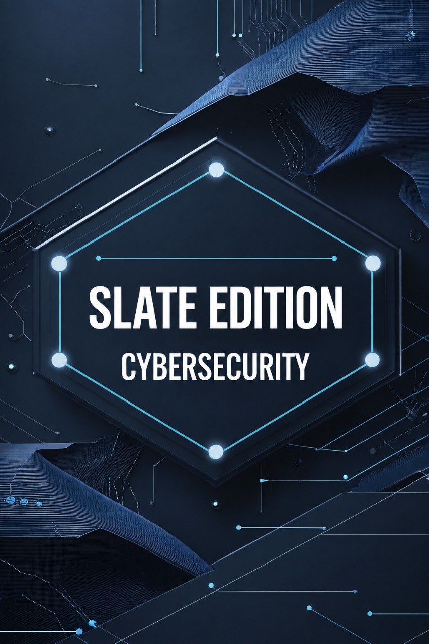 Digital cover art for 'Slate Edition Cybersecurity' featuring a dark slate blue hexagonal frame with glowing cyan lines and white text, set against a dark abstract tech background with circuit patterns.
