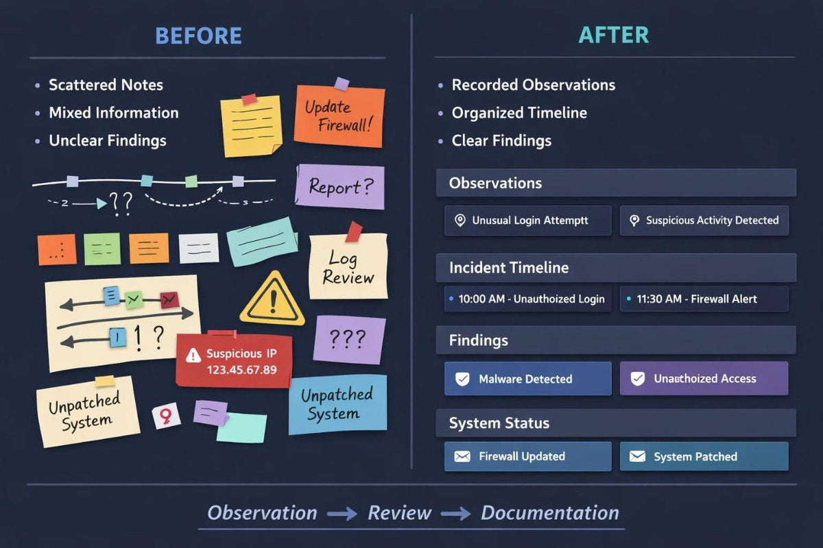 A digital infographic comparing a 'Before' and 'After' workflow for incident observation and documentation. The left side, labeled 'BEFORE', shows messy sticky notes, arrows, and question marks under the heading 'Scattered Notes'.