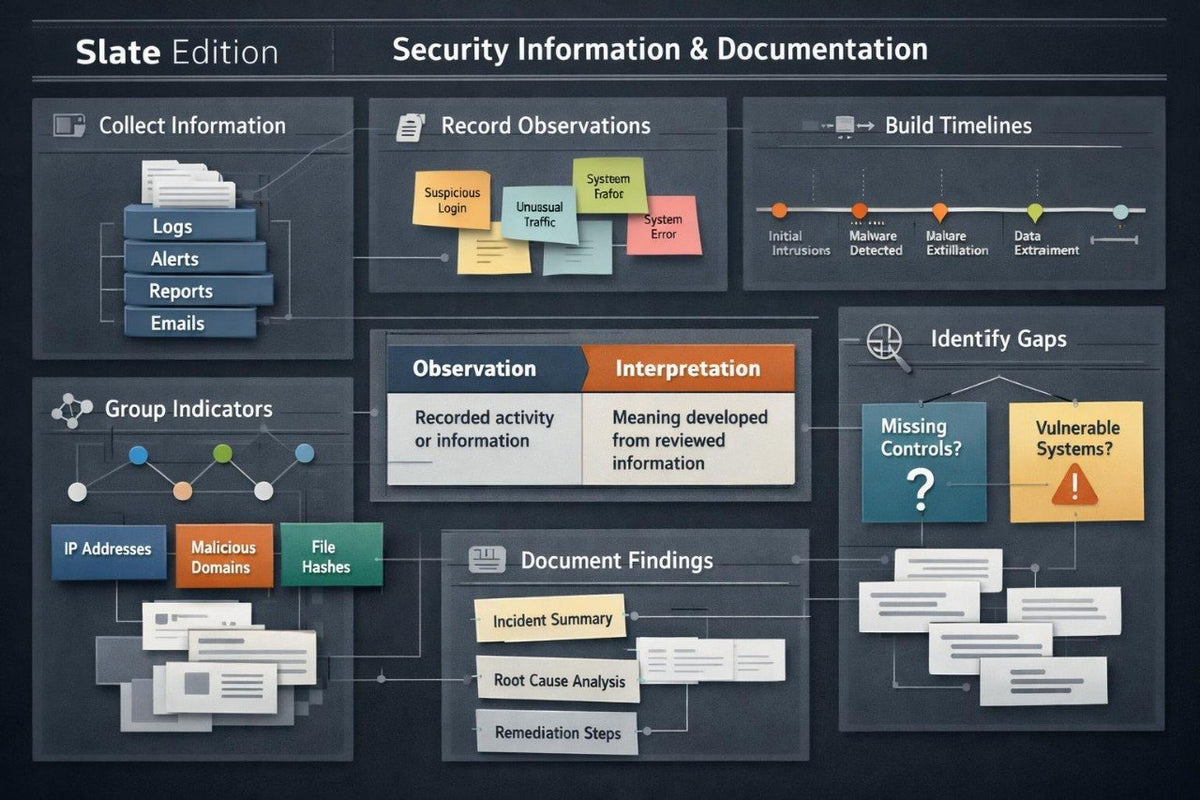 A dark-themed digital infographic titled 'Slate Edition Security Information & Documentation' showing labeled boxes and diagrams for collecting information, recording observations, building timelines, group indicators, identifying gaps, and documenting findings.