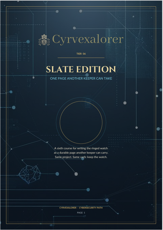 A book cover for 'Slate Edition' by Cyrvexalorer, featuring a dark navy blue background with gold and light blue digital circuit graphics and text.