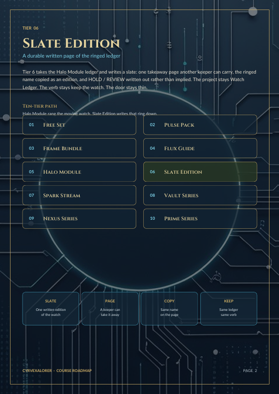 A digital preview page for a 'Slate Edition' write-on page of the Halo Module Log, featuring a dark slate blue background with circuit board graphics, a highlighted page section, and a circular magnifying lens overlay.