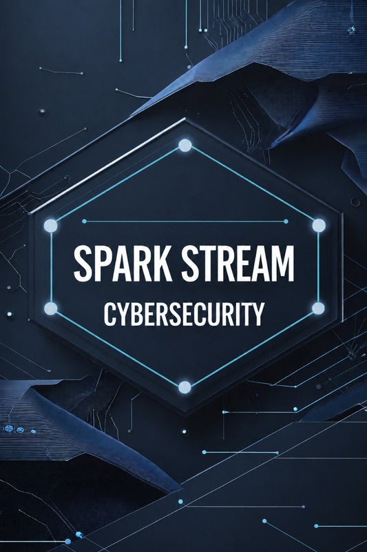 A digital graphic banner for Spark Stream Cybersecurity, featuring white text inside a glowing hexagonal frame over a dark blue abstract background with circuit board patterns.