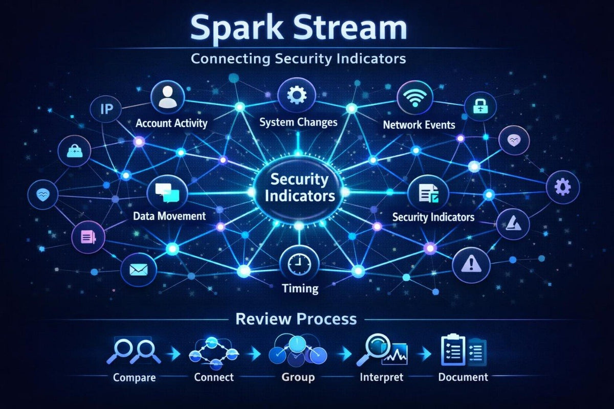 A digital infographic titled 'Spark Stream' on a dark blue background, showing connected security indicator icons such as account activity, data movement, network events, and timing, with a review process illustrated at the bottom.