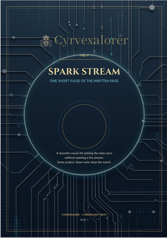 A book cover for 'Spark Stream' by Cyrvexalorer, featuring a dark navy blue background with circuit board line art and a large circular graphic in the center containing the title.