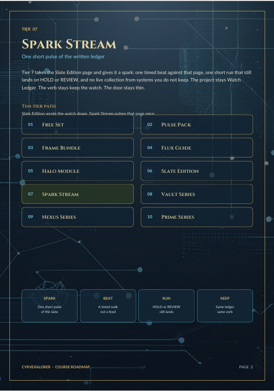 A digital cover page for a 'Spark Stream' course or guide, featuring a dark navy blue background with a subtle network pattern. The title 'SPARK STREAM' is displayed in bold white text at the top, with a brief description underneath.